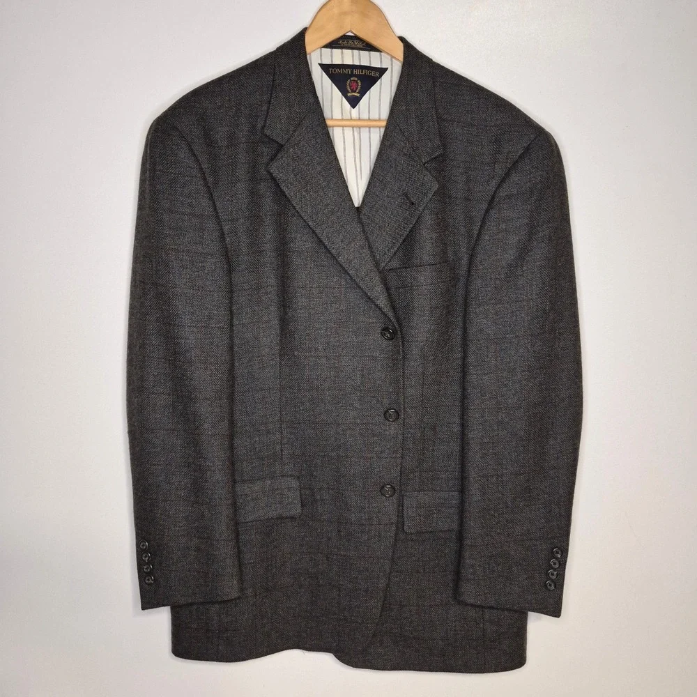 Tommy‎ Hilfiger Blazer Mens 43R Gray Wool 3-Button Windowpane Plaid Sport Coat